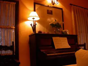Hermoso piano con partituras, sobre el que se puede ver un cuadro homenaje al poeta granadino Javier Egea. Junto al cuadro, una lámpara imitación de quinqué antiguo y flores, y a la derecha un gran ventanal que da al jardín del hotel.